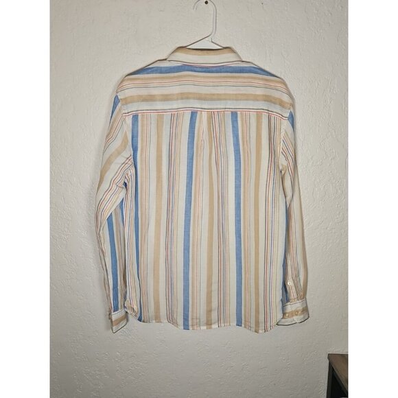 Mens Linen Blend Slim Fit Striped Tan Blue Button Down Shirt Size Medium - Picture 6 of 7